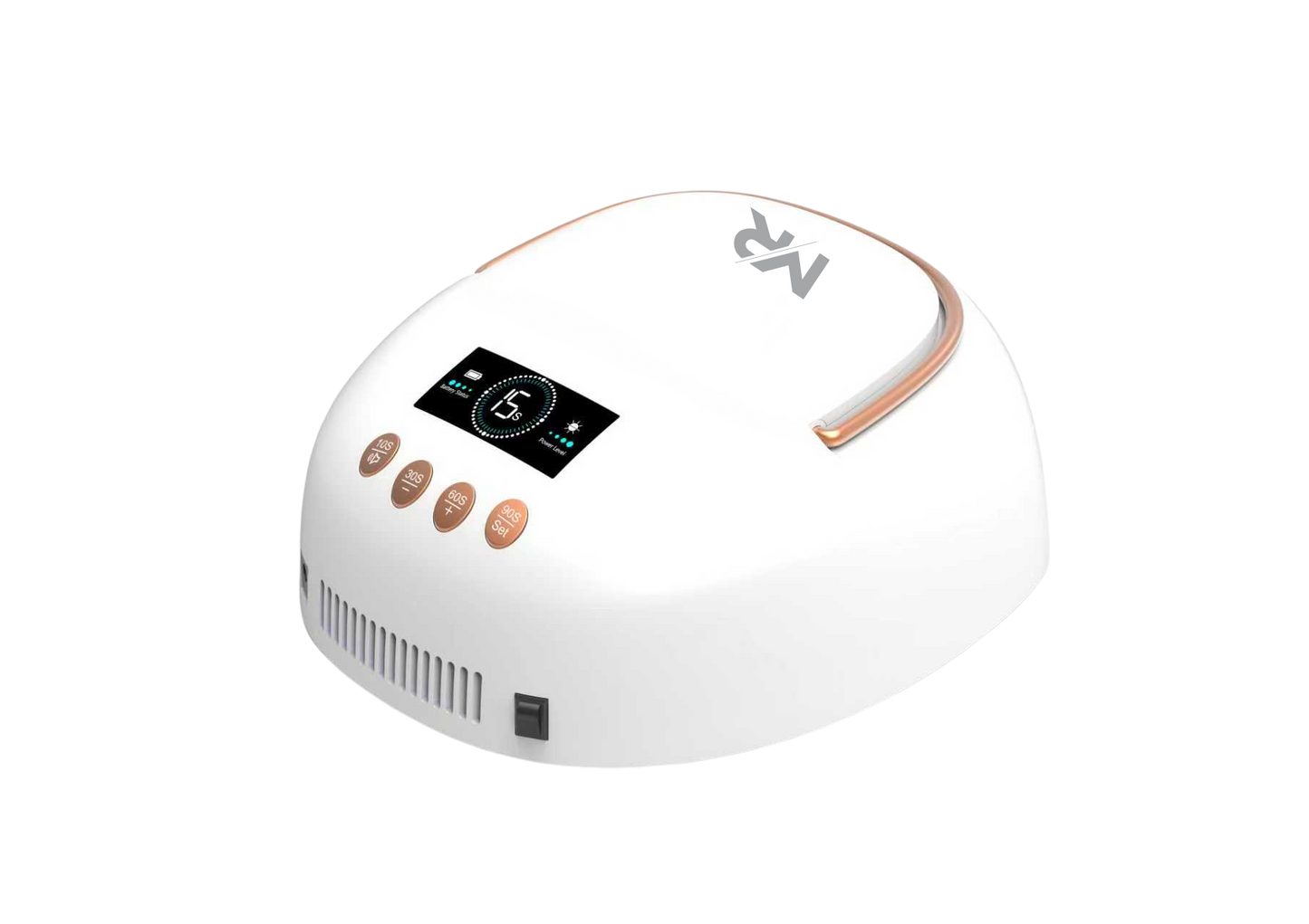 White and rose gold nail dryer with digital display on a white background