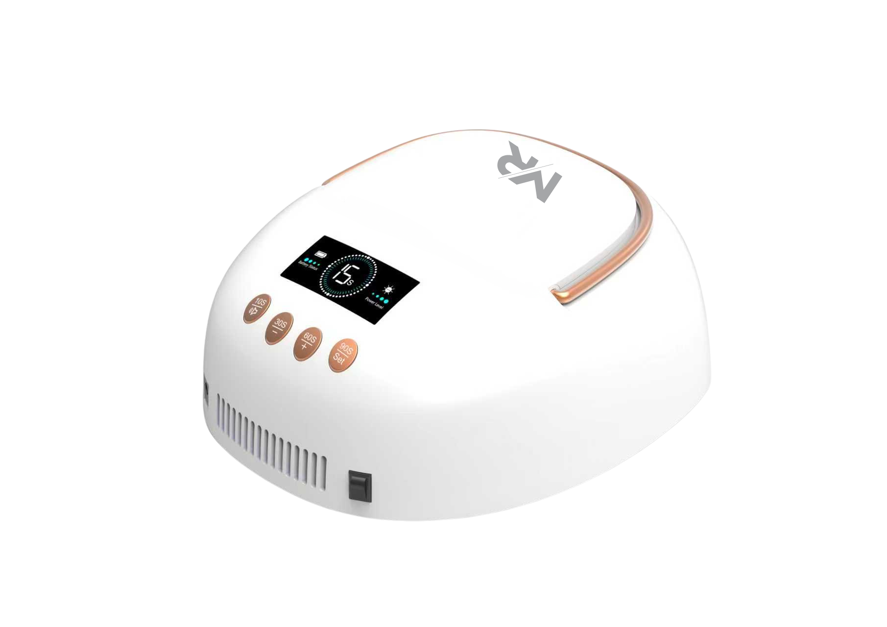 White and rose gold nail dryer with digital display on a white background