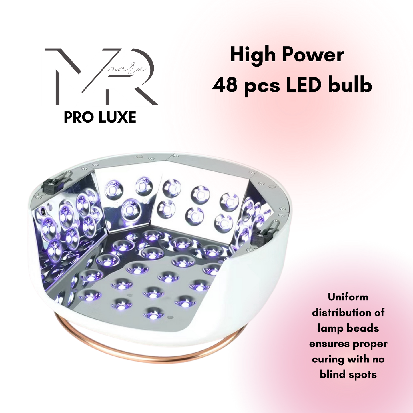 LED nail lamp upside down to show light bulbs inside on  white background with information on the right side