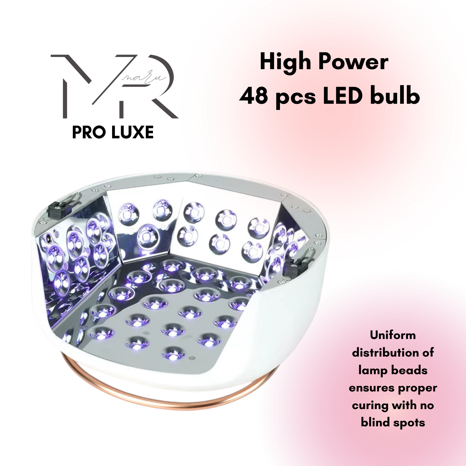 LED nail lamp upside down to show light bulbs inside on  white background with information on the right side