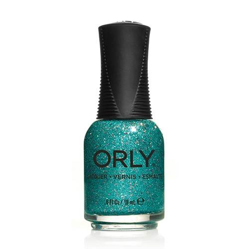 Orly nail polish bottle with glittery teal polish on a white background