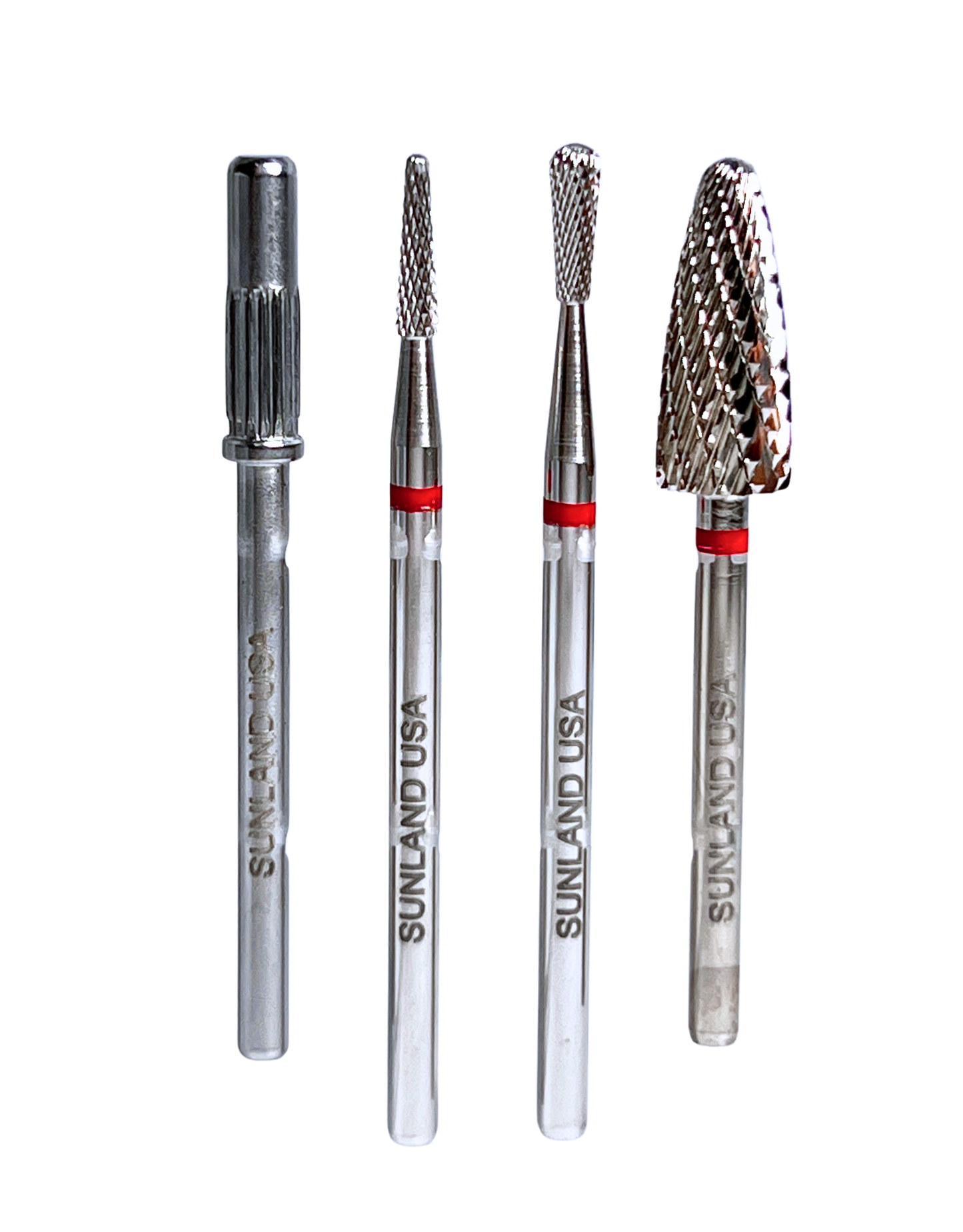 various dental burrs with "SUNLAND USA" logo printed on the shank on a white background