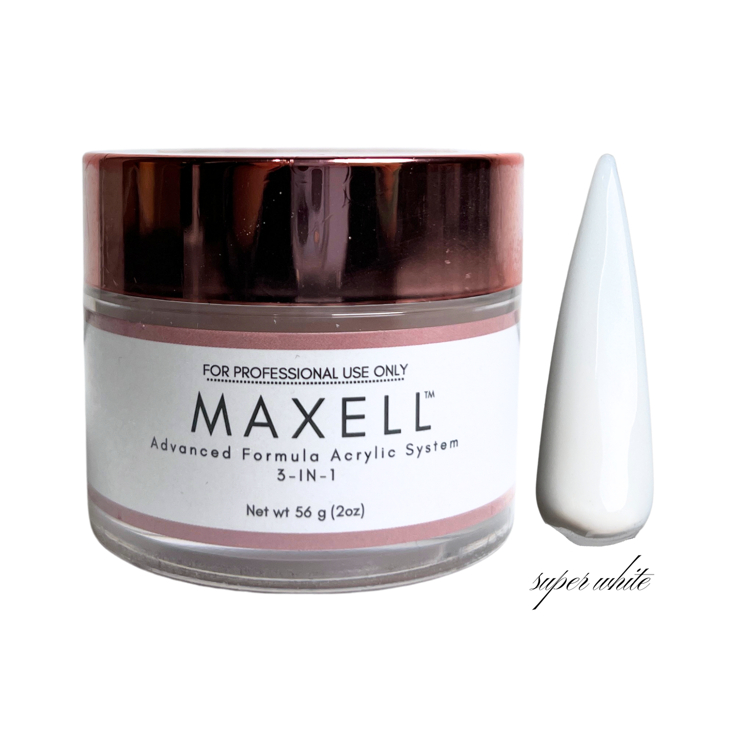 Maxell acrylic system jar with a white nail tip on a white background