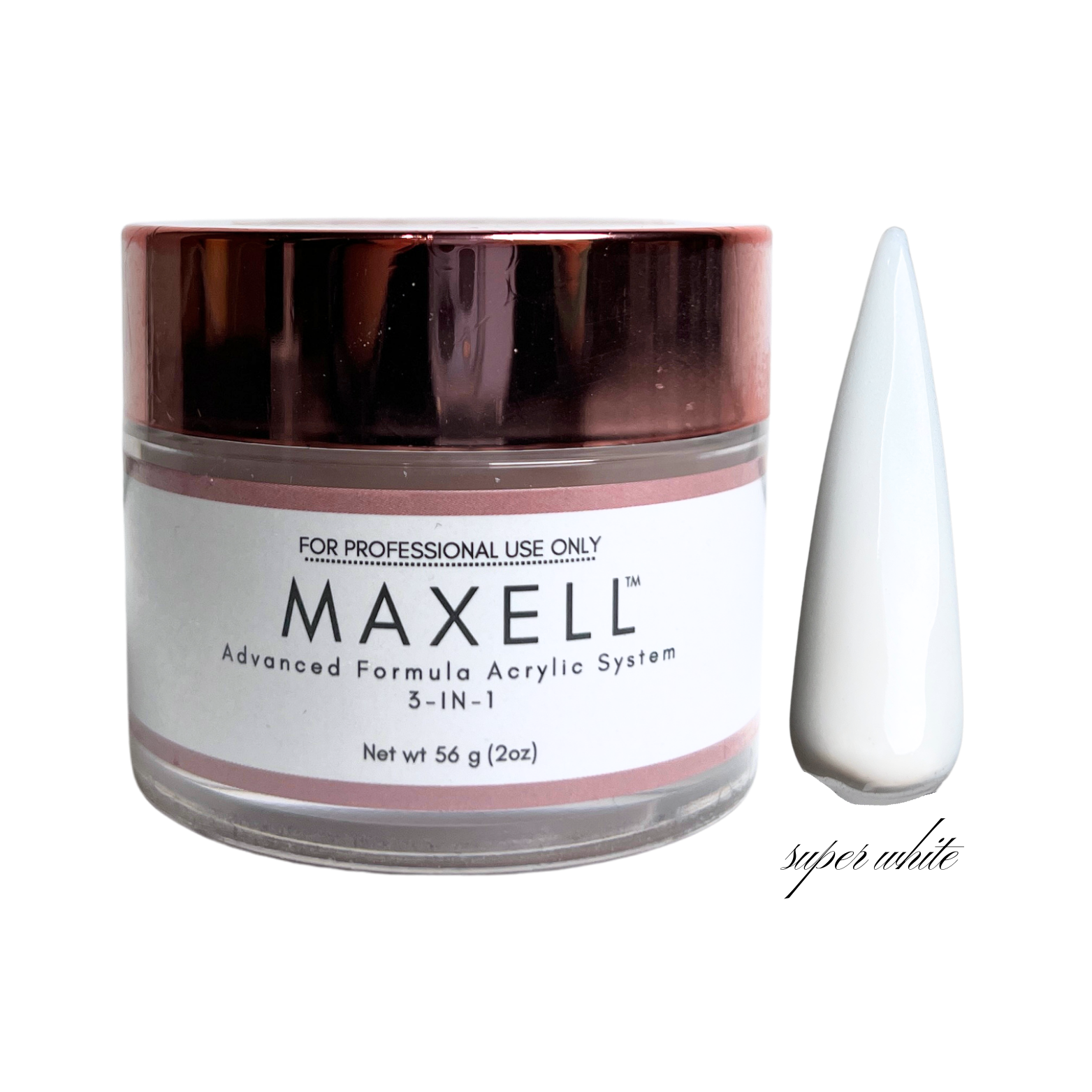 Maxell acrylic system jar with a white nail tip on a white background