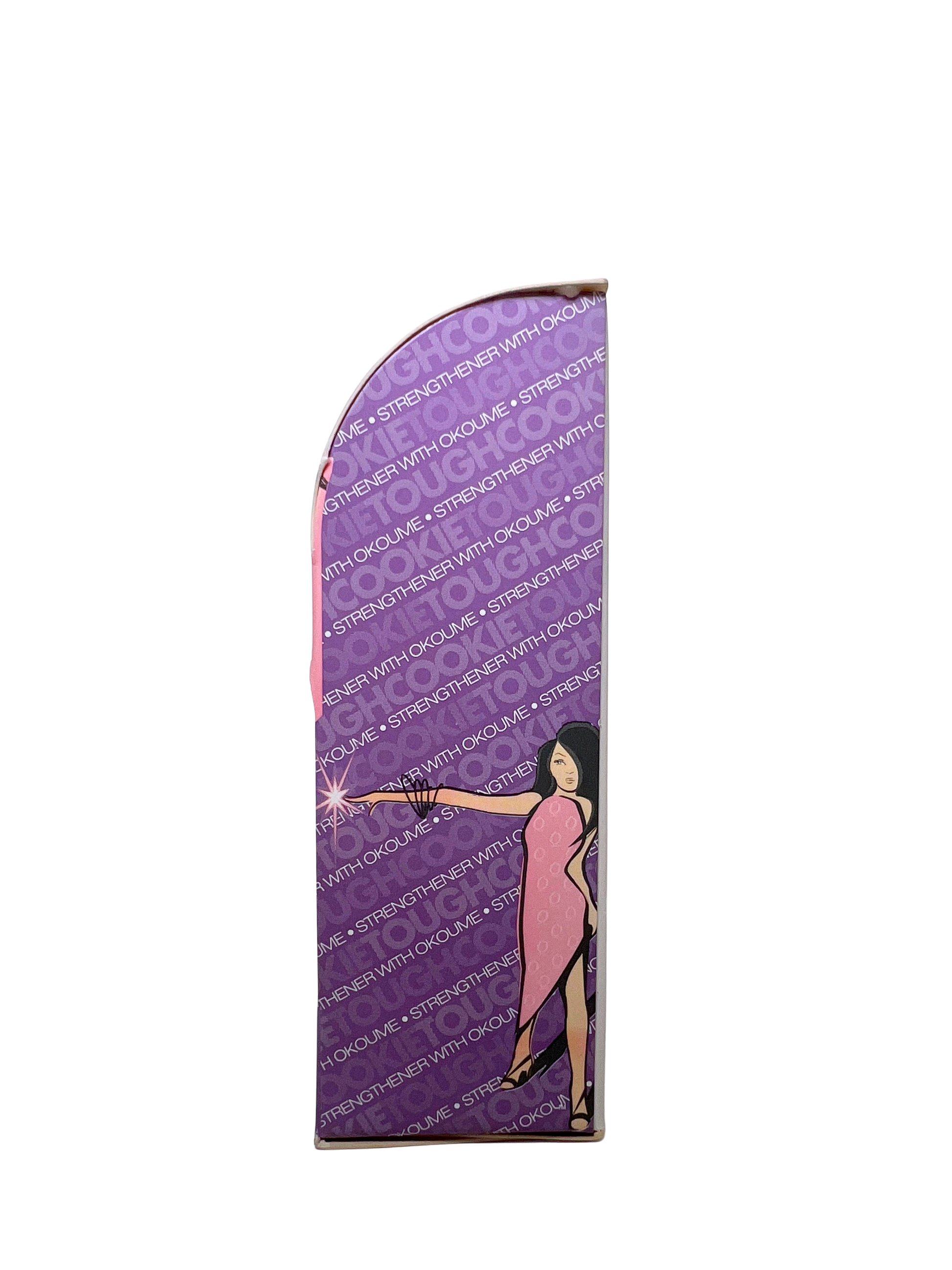 purple product packaging with a woman wearing pink dress pointing arms sideways 