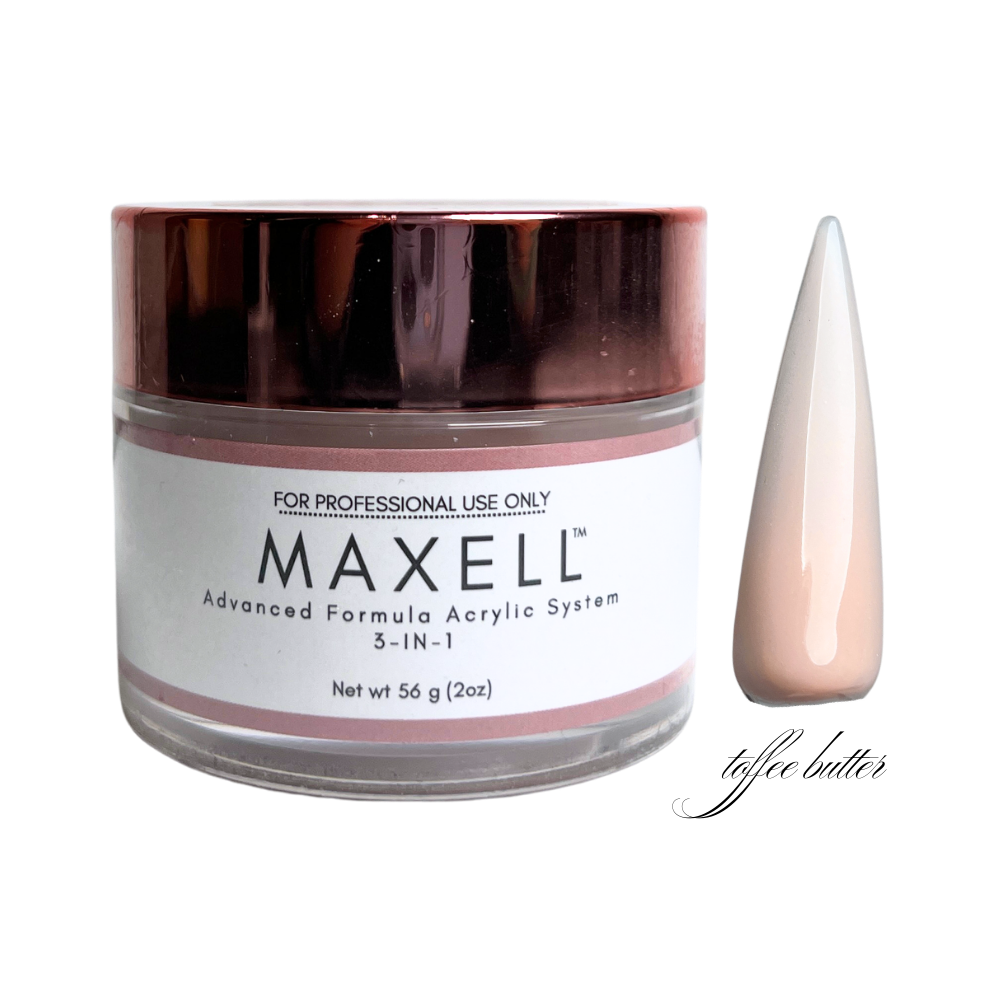 Maxell acrylic system jar with a sample of nail powder on a white background