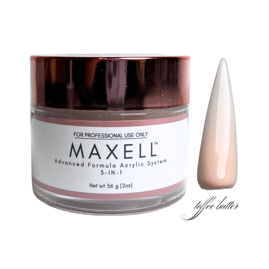 Maxell acrylic system jar with a sample of nail powder on a white background