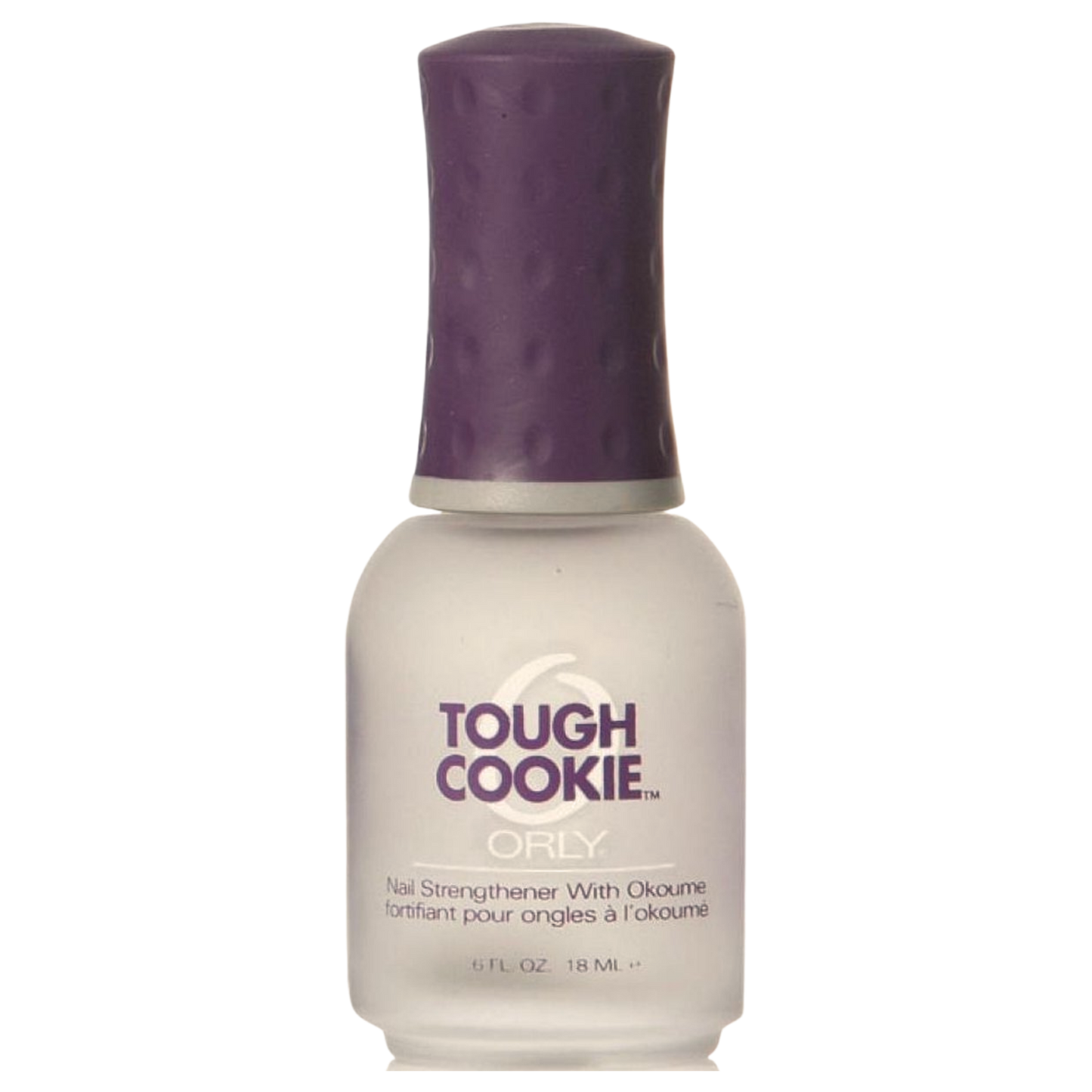 clear nail polish bottle with purple cap on white background
