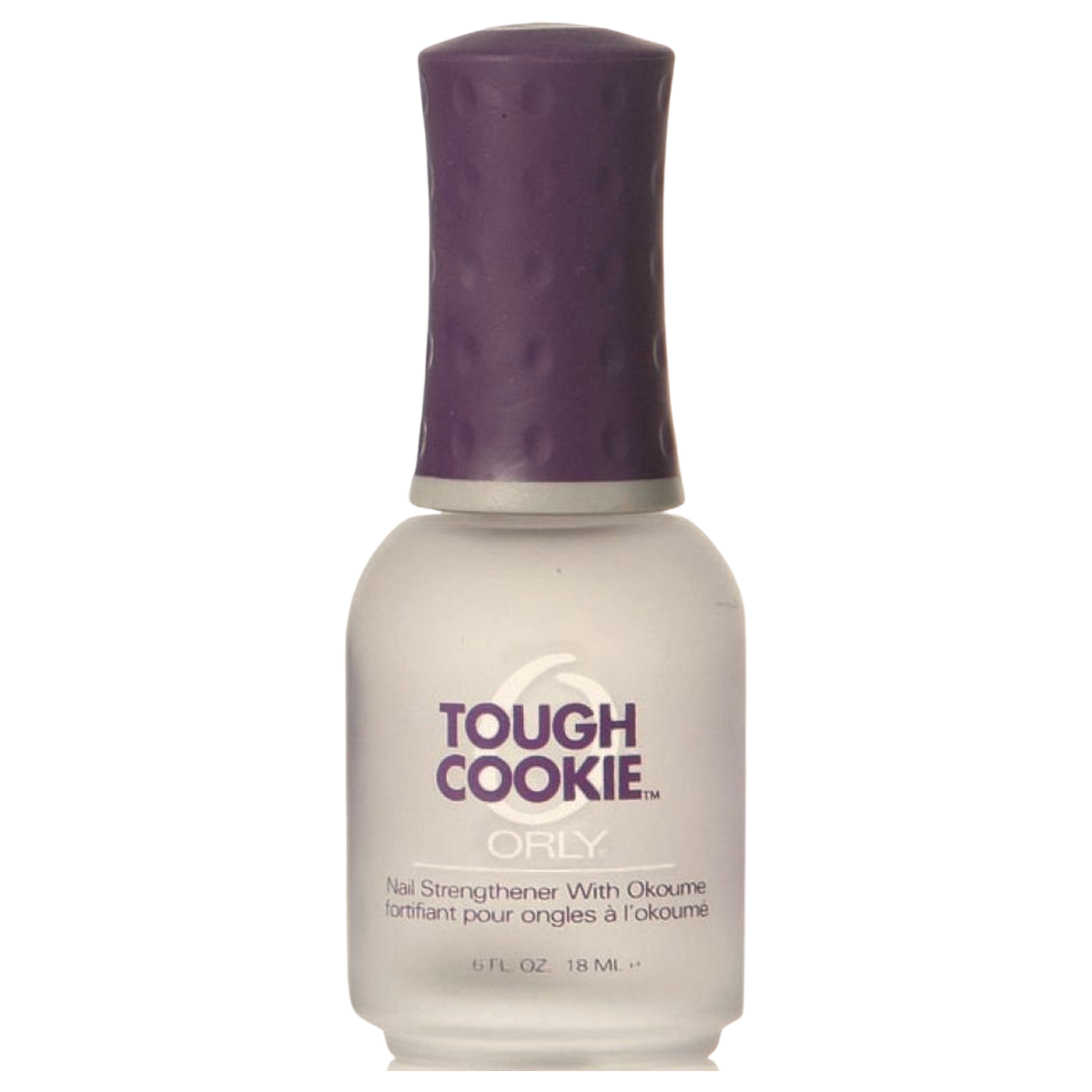 clear nail polish bottle with purple cap on white background