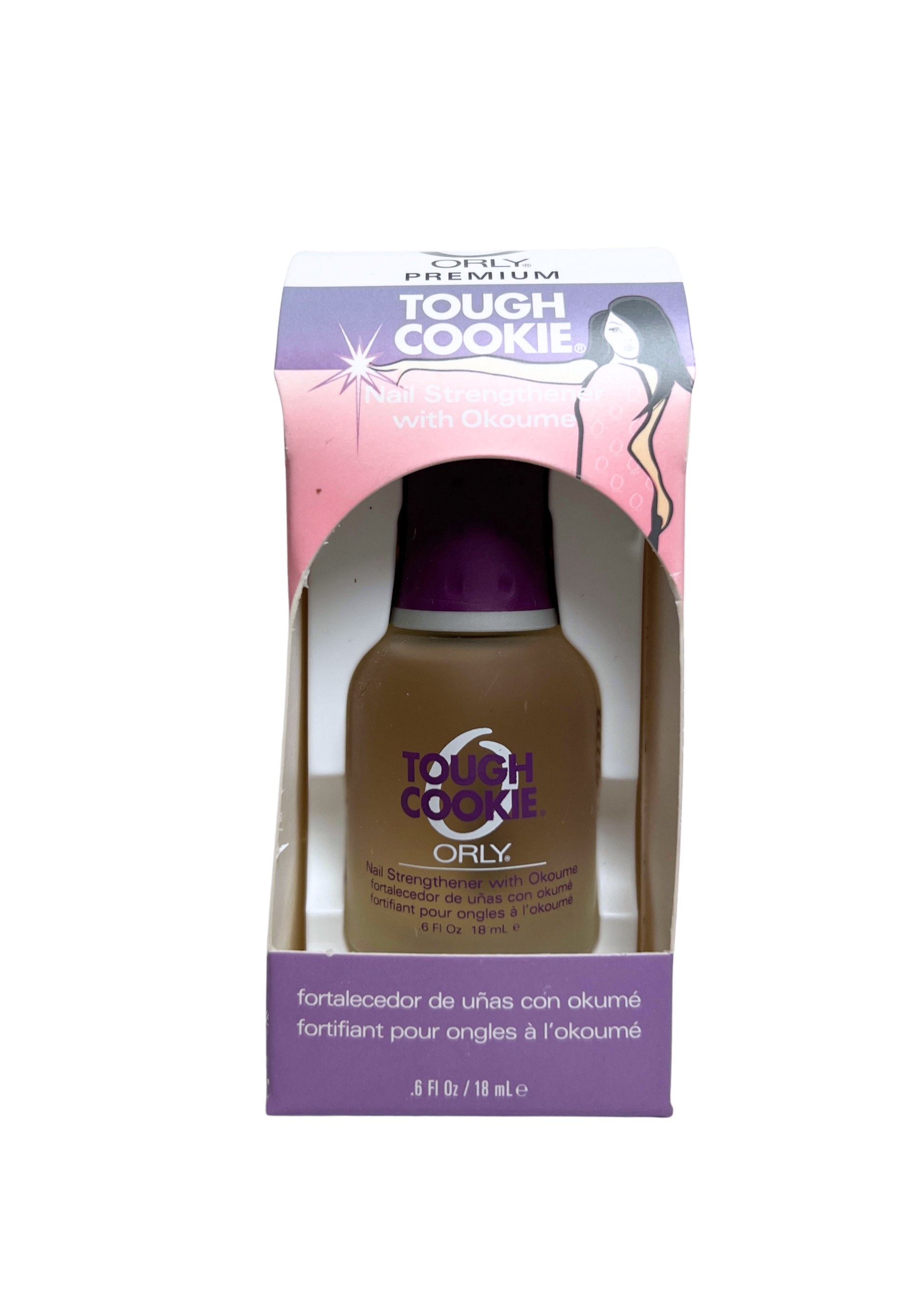 nail polish bottle inside purple colored product packaging with a female character on the top right corner of the box on a white background