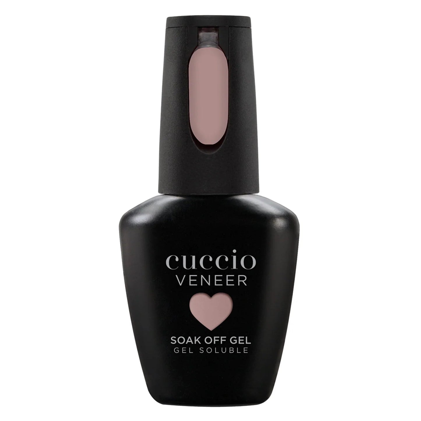 Cuccio Veneer soak off gel bottle with a pink cap on a white background