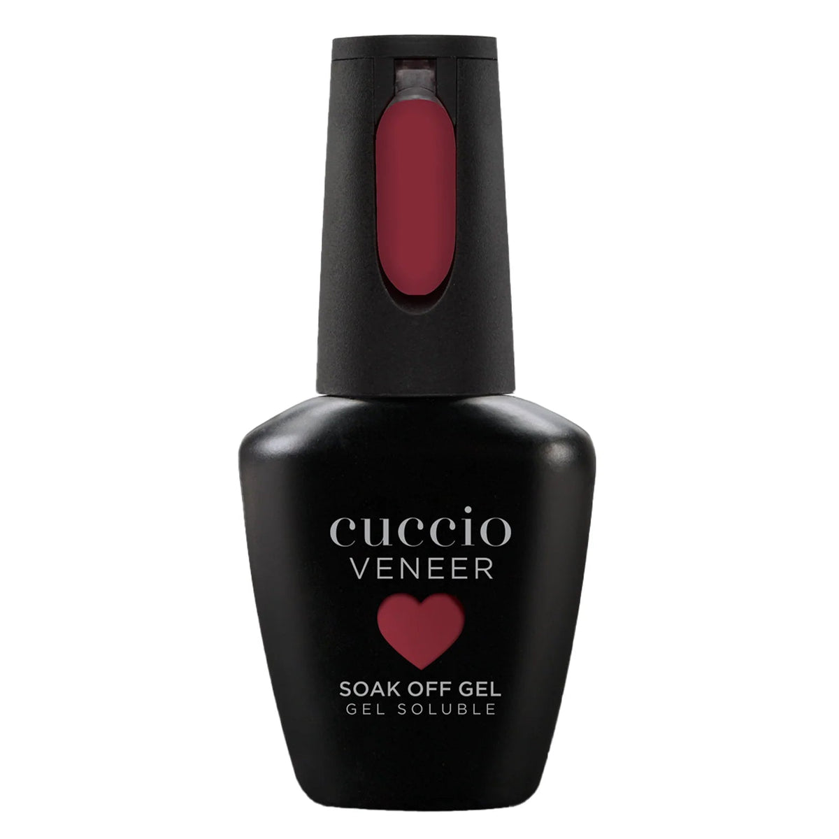 Cuccio Veneer soak off gel bottle with red nail polish on a white background
