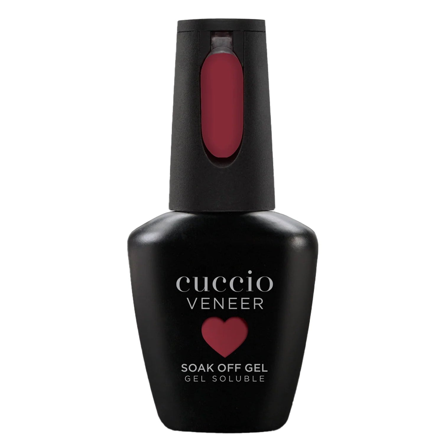 Cuccio Veneer soak off gel bottle with red nail polish on a white background